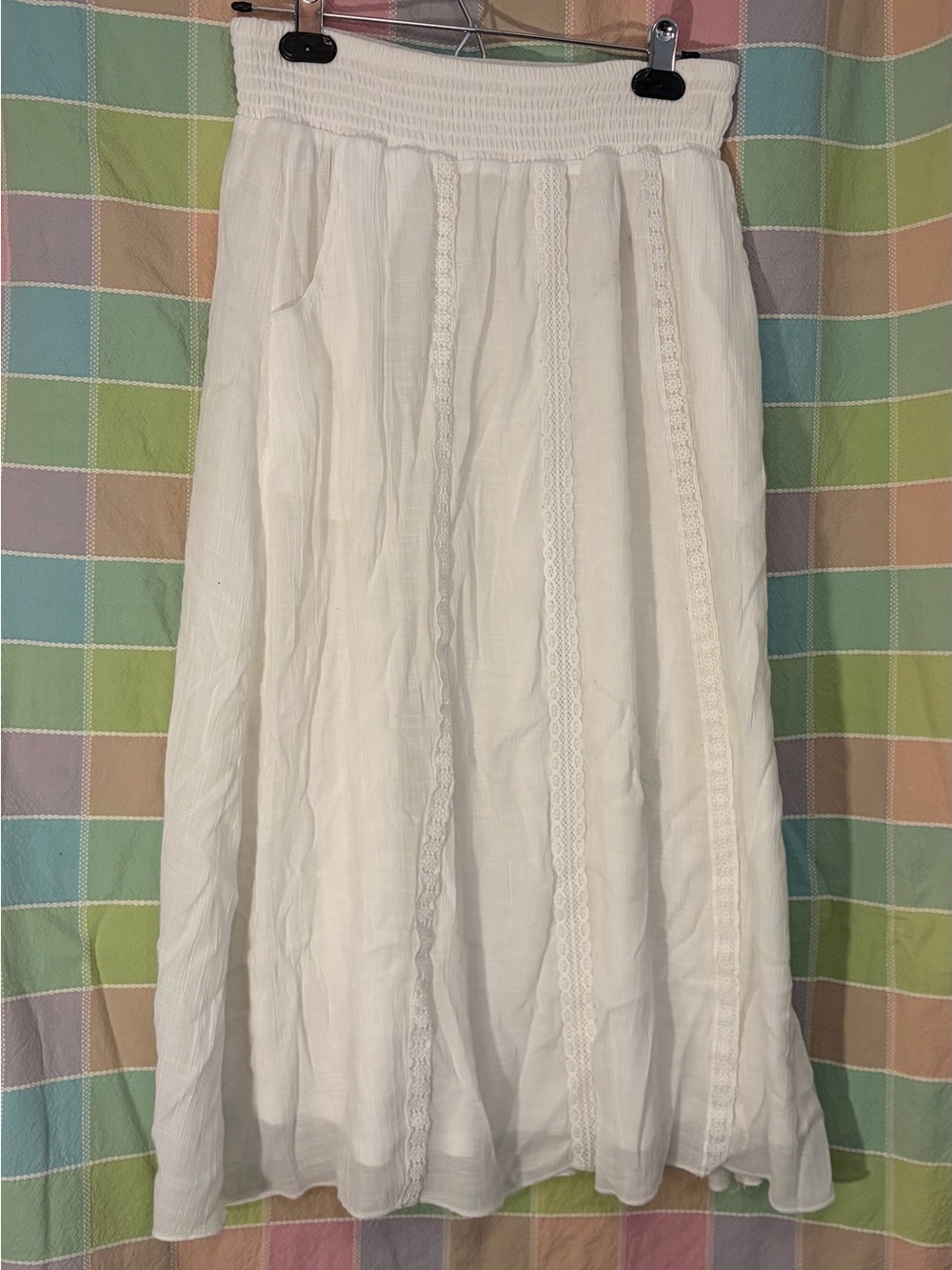 White Women's Boho Lace-Trim Midi Skirt